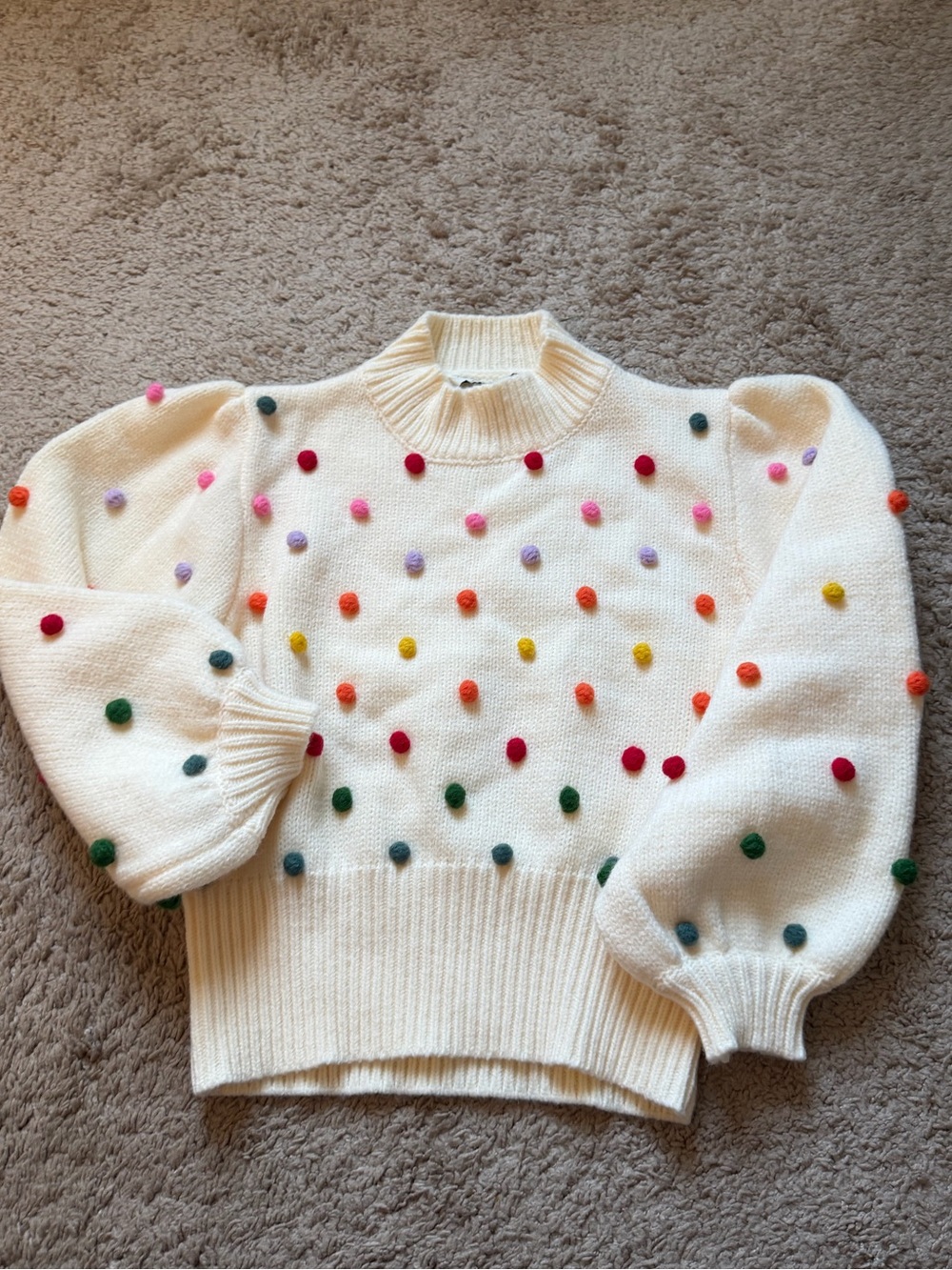 DAVI & DANI Cream Pom-Pom Turtleneck Sweater with Multicolor Dots